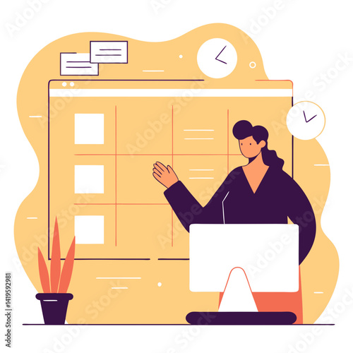 Person presenting front of large screen with calendar layout, surrounded by clocks and plant, conveying productive atmosphere. Isolate on white background, copy space, commercial use