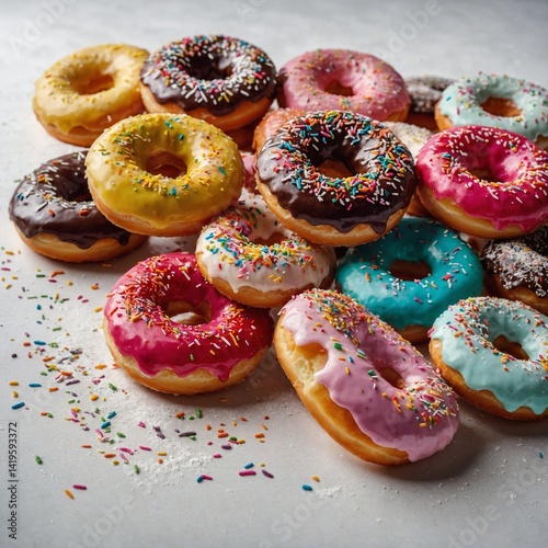 Sweet pastry donuts, some with white icing sugar and others with colorful sprinkles, make a tasty breakfast snack