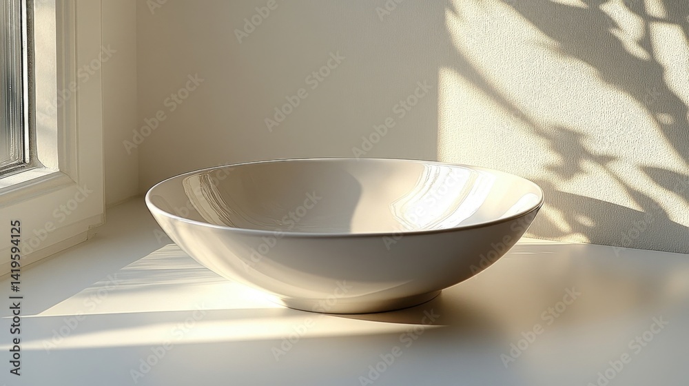 White Ceramic Bowl Illuminated By Sunlight on a White Surface in Interior White Ceramic Bowl Illuminated By Sunlight on a White Surface in Interior