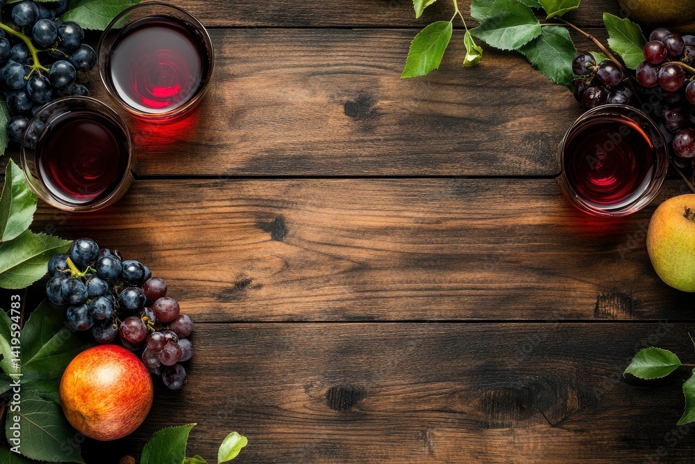 Fototapeta premium Red Wine with Grapes and Apple on Wooden Table