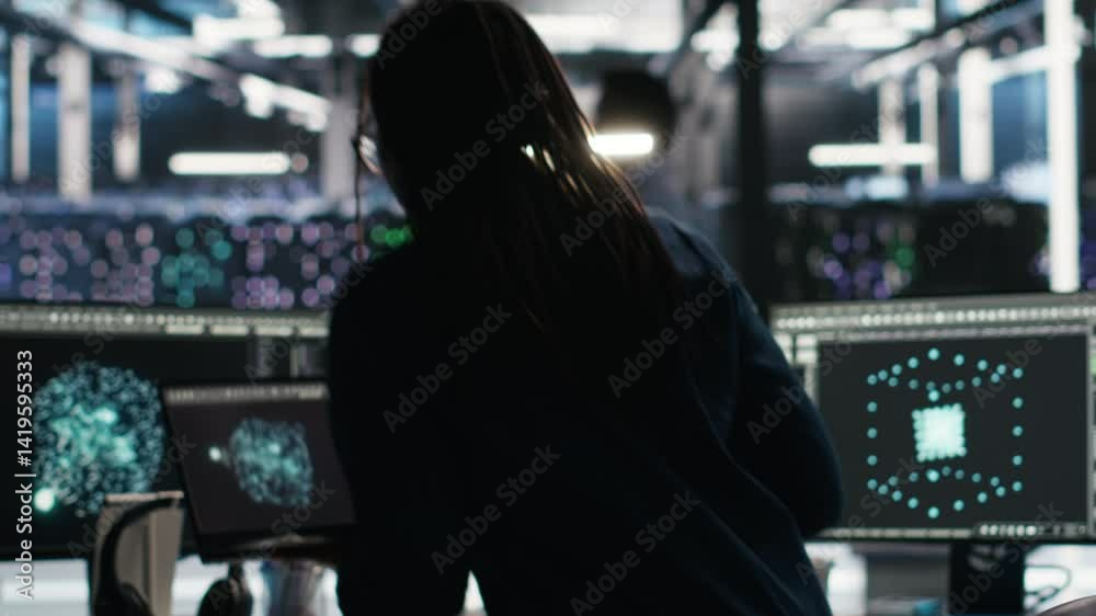 Data center programmer entering office uses node tree program to identify equipment performance issues. Server hub worker sitting at desk, reviewing data analysis graph to minimize failures, camera B Data center programmer entering office uses node tree program to identify equipment performance issues. Server hub worker sitting at desk, reviewing data analysis graph to minimize failures, camera B
