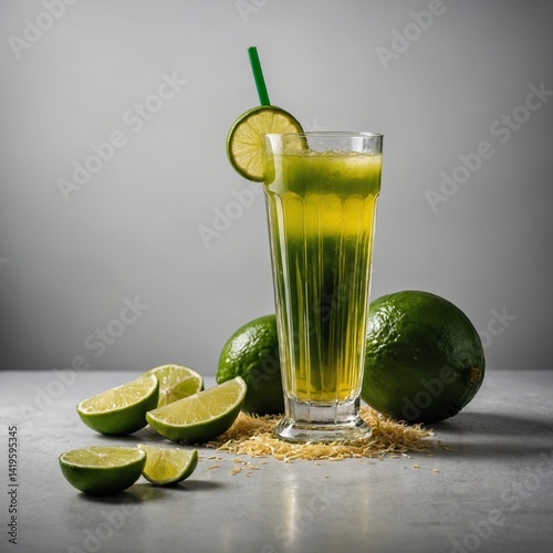 A fresh green mojito cocktail with lime and mint, a delightful citrus refreshment served cold in a glass
