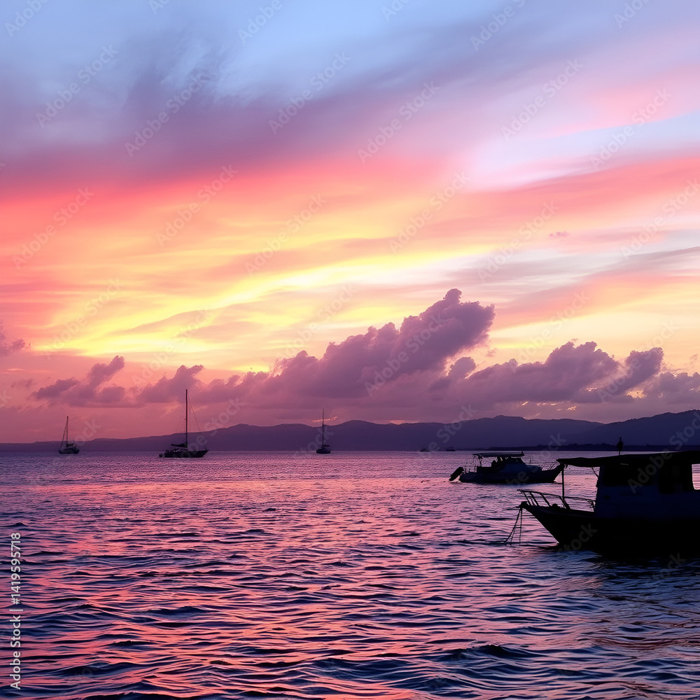 Fototapeta premium Cloudy Afternoon on C4 Navotas: Pink and Purple Hues Reflecting on the Ocean with Boats Silhouetted Against a Tranquil Horizon.