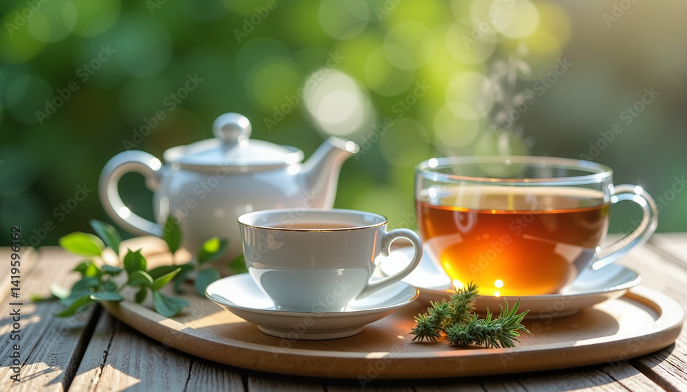 Tea arrangement on wooden tray with blurred garden backdrop, refreshment break Tea arrangement on wooden tray with blurred garden backdrop, refreshment break
