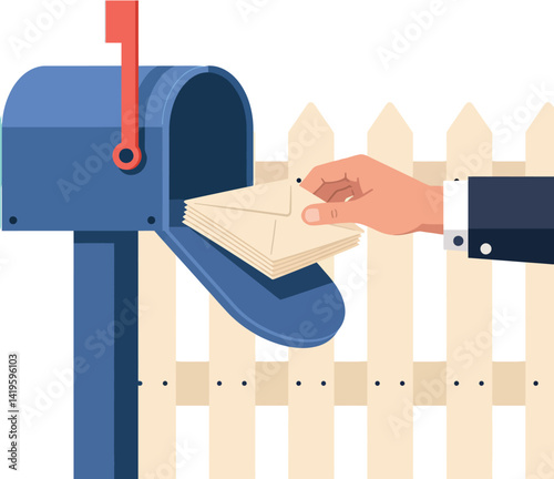 Hand placing letters into blue mailbox with red flag near wooden fence flat design vector illustration