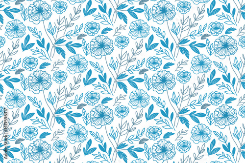 modern blue line art floral pattern with abstract nature elements for wrapping paper pillowcases and women wear designs

