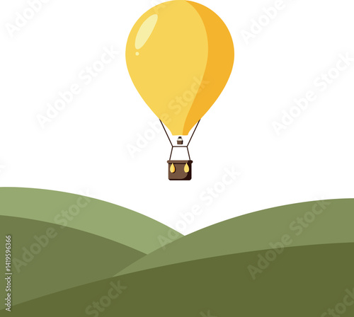 Yellow hot air balloon flying over rolling green hills minimal flat design vector illustration