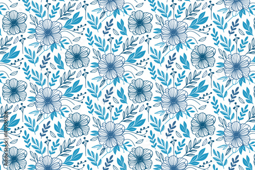 minimalistic blue floral one line seamless pattern with elegant sketches of cotton flowers for modern home textile and table fabric

