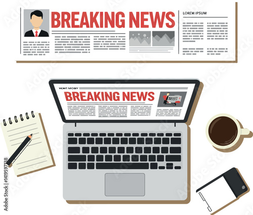 Laptop showing breaking news with coffee cup smartphone notepad and pen flat design vector illustration