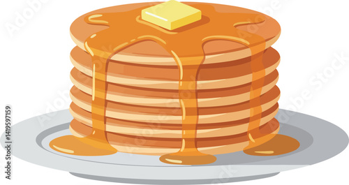 Stack of golden pancakes with melting butter and dripping syrup on white plate flat design vector illustration