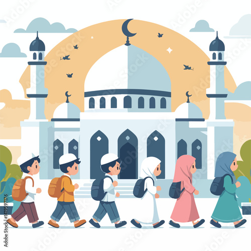 vector image of children going to mosque