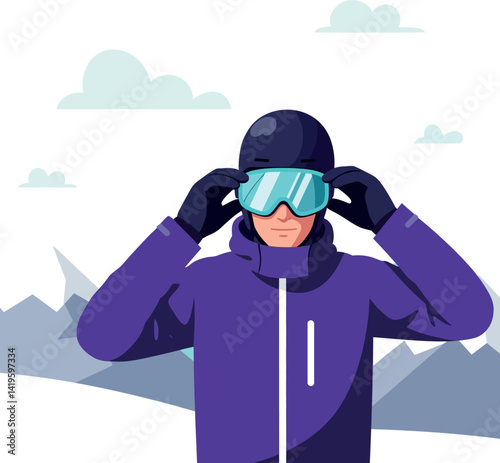 Male skier in purple jacket and helmet adjusting goggles with mountain background flat vector illustration