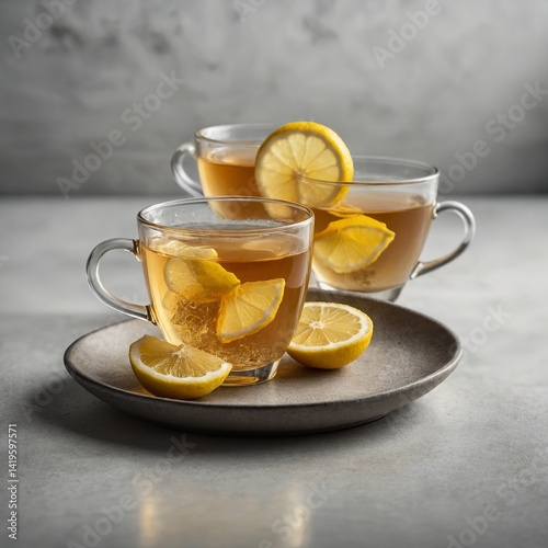 A hot yellow beverage with a lemon slice in a white cup on a saucer, isolated as a healthy herbal drink