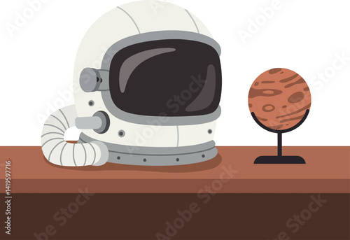 White astronaut helmet and brown planet model on wooden table flat design vector illustration