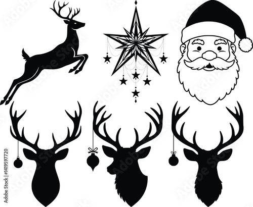 Christmas silhouettes of leaping reindeer, hanging star ornaments, santa face, and deer heads with festive decor