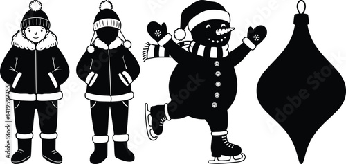 Christmas silhouettes featuring bundled up figures, joyful ice skating snowman, and hanging ornament