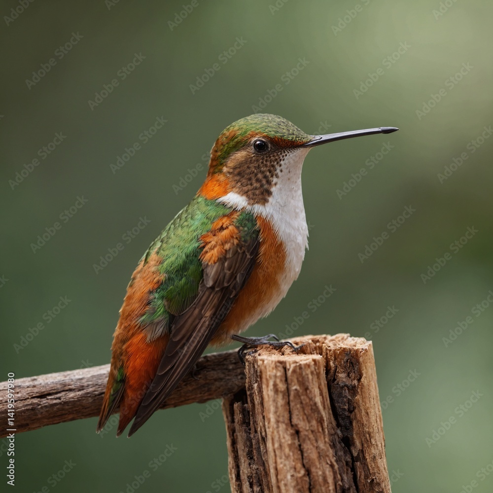Fototapeta premium Rufous Hummingbird bird on piece of wood
