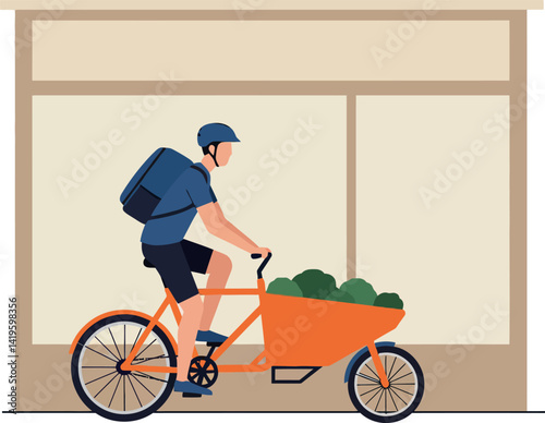 Cargo bicycle delivery man riding with backpack and green produce in flat urban vector art