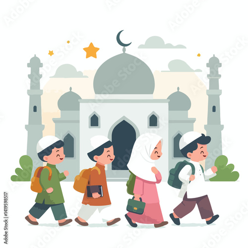 vector image of children going to mosque