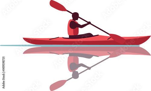 Kayaker paddling red kayak on calm water with reflection minimal flat vector illustration