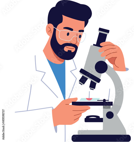 Male scientist examining slide under microscope in minimal flat design vector illustration