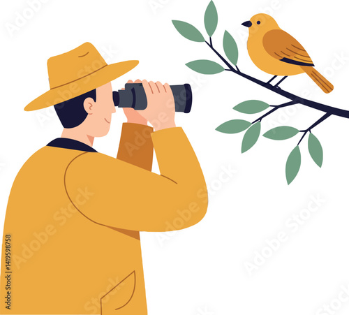 Man birdwatching with binoculars observing yellow bird perched on leafy branch flat style vector illustration