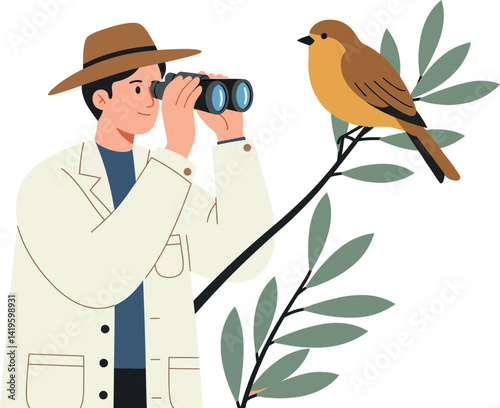Birdwatcher observing brown bird on leafy branch wearing hat in flat style vector illustration