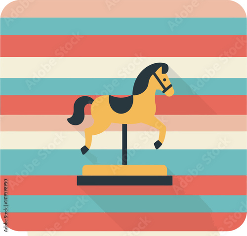 Carousel horse toy flat design with colorful striped background and long shadows vector illustration