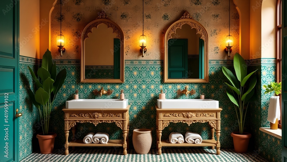 Moroccan bathroom with intricate tiles and arched mirrors.