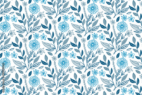 blue floral line art seamless pattern with minimalistic hand drawn flowers for trendy bedsheet cover and wrapping paper

