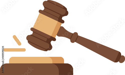 Wooden judge gavel striking sounding block in minimal flat design vector illustration