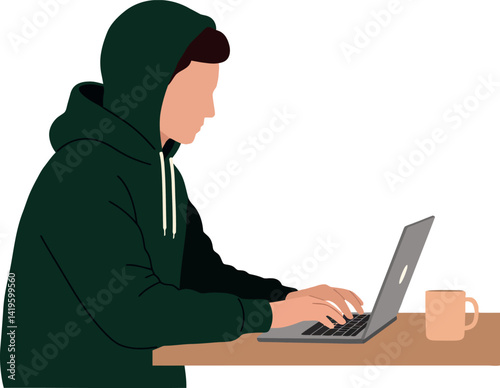 Young man in dark green hoodie typing on laptop at wooden desk minimal flat vector illustration