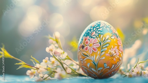 Painted Easter Egg with Spring Blossoms