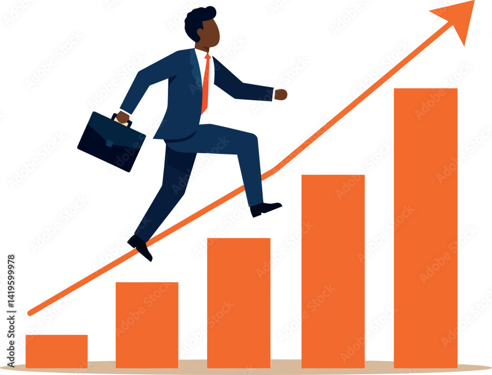 Businessman climbing upward orange bar chart with briefcase flat design vector illustration Businessman climbing upward orange bar chart with briefcase flat design vector illustration