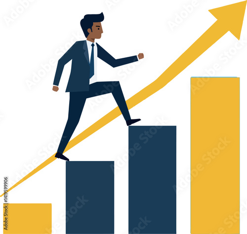 Businessman climbing ascending bar chart with upward arrow in flat minimal vector art illustration