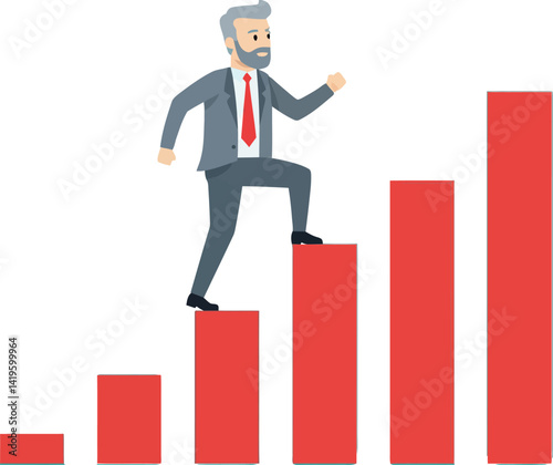 Businessman climbing ascending red bar chart steps in flat style vector illustration
