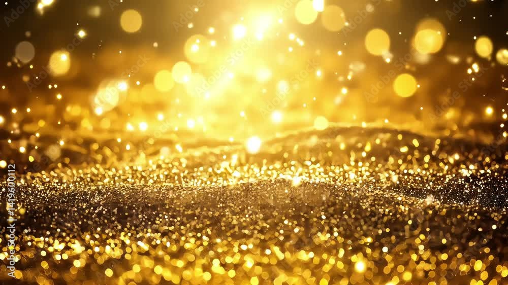 gold glitter surface glowing under bright bokeh and golden light shine
