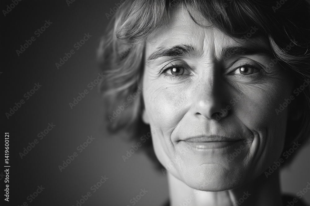 Woman smiling with confidence in black and white portrait
Woman smiling with confidence in black and white portrait