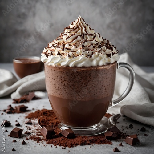 A hot cappuccino with chocolate and cream is a sweet coffee drink in a white cup