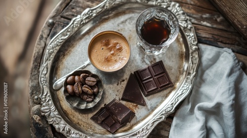 Coffee, chocolate, tray, rustic setting, still life, elevated view, for cafe, or gourmet concept photo