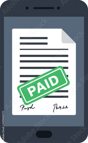 Smartphone displaying signed document with green paid stamp flat design vector illustration