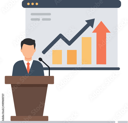 Businessman presenting financial growth chart with upward arrows in flat design style vector illustration
