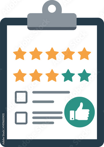 Customer satisfaction survey clipboard with star rating and thumbs up icon flat design vector illustration