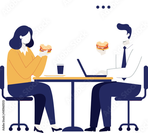 Two office workers eating sandwiches at table in flat minimal vector illustration