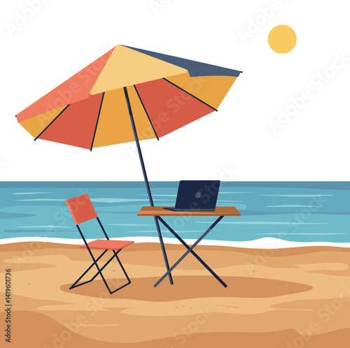 Beach workspace scene with folding chair table umbrella ocean and laptop flat design vector illustration