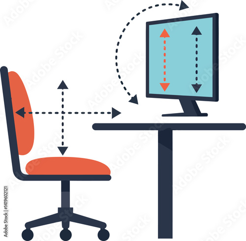 Office chair and computer screen ergonomic adjustment flat design minimal vector illustration
