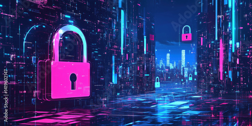 Digital locks securing data in futuristic cyber city with neon lights and technology.