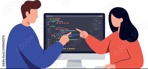 Two programmers coding together at computer desk modern flat style vector illustration