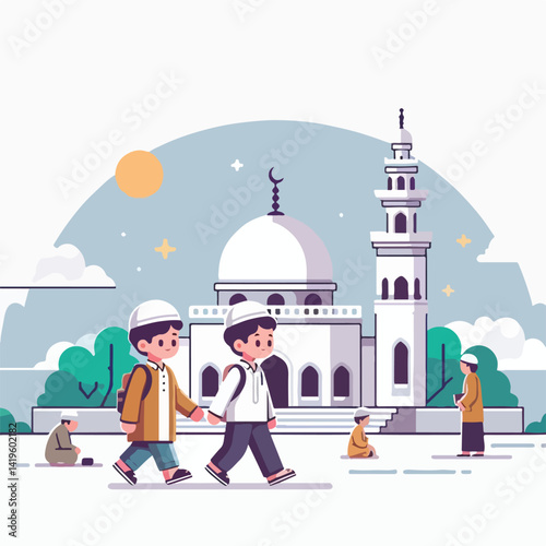 vector image of children going to mosque