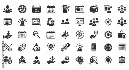 Business Strategy and Management Concept Icons Set Depicting Planning, Teamwork, and Financial Growth for Corporate Success
